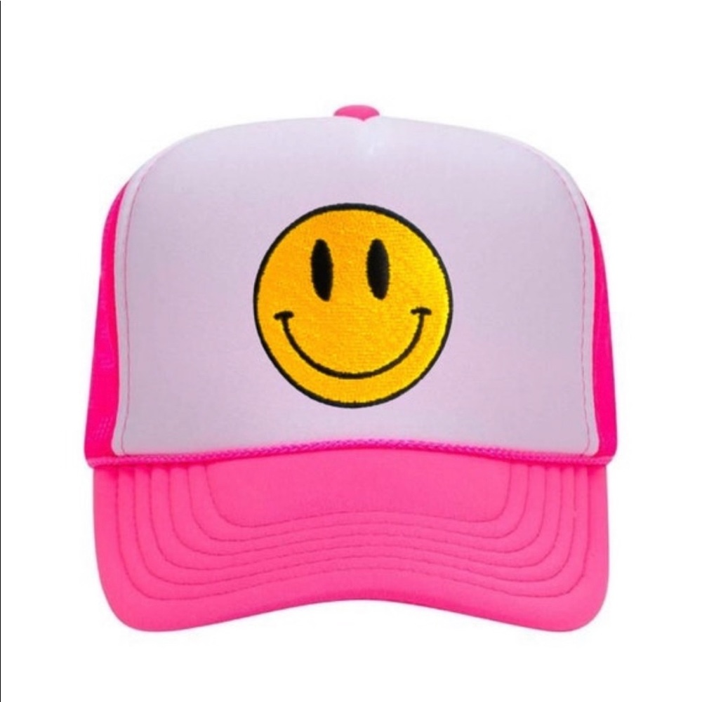 NEW SMILEY FACE TRUCKER HAT PINK AND BLUE PREPPY FOAM MESH BACK ONE SIZE FIT ALL